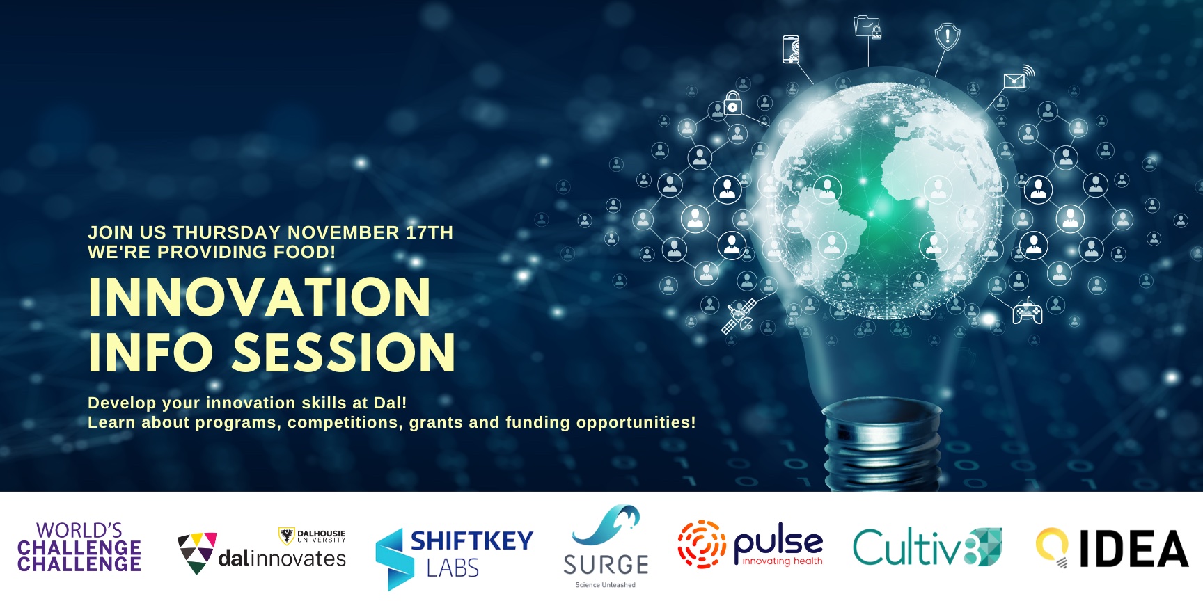 blue background with lightbulb that is also the earth.