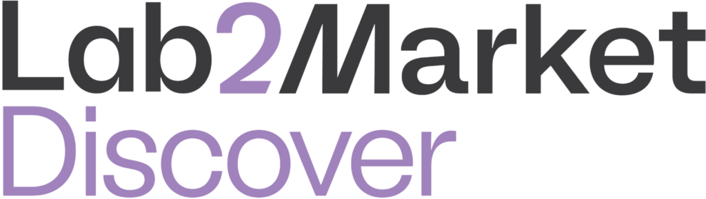Logo that says Lab2Market Discover. 2 and Discover are in a shade of violet colour.
